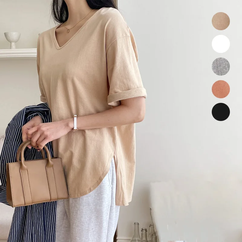 

Японский и корейский новый стиль, ранняя весна, новая летняя футболка из чистого хлопка с короткими рукавами и v-образным вырезом, однотонная основа с боковым разрезом