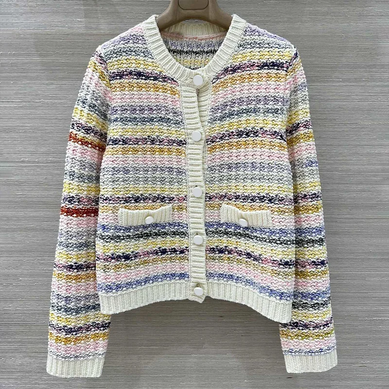 

High-quality multi-color striped women's cardigan with single-button round neck and wool fabric sweater 251020107