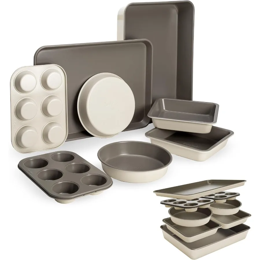 

8-Piece All-In-One Nonstick Bakeware Set, Stackable and Space Saving Design includes Round and Square Pans, Muffin Pans, Cookie