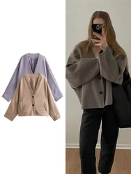 TRAF women's fashion V-neck short jacket temperament elegant single-breasted chic jacket casual commuter style women's clothing