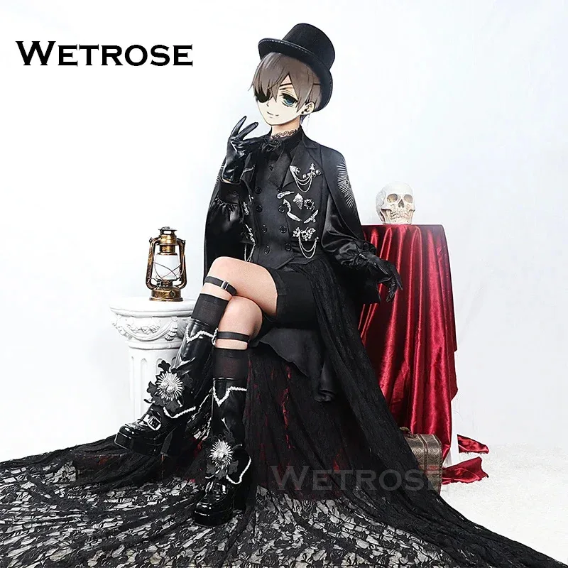 Didi 211 【Wetrose】 Ciel 15th الذكرى تأثيري حلي بتلر على الطراز الفيكتوري ثوب حريري القوطية لوليتا فستان طويل شعر مستعار للهالوين