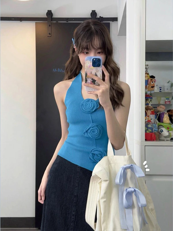 Chaleco de punto sin espalda hecho a mano con diseño de rosas, estilo chino, serie azul nube, marca Aileen, novedad de verano, estilo picante para chica.