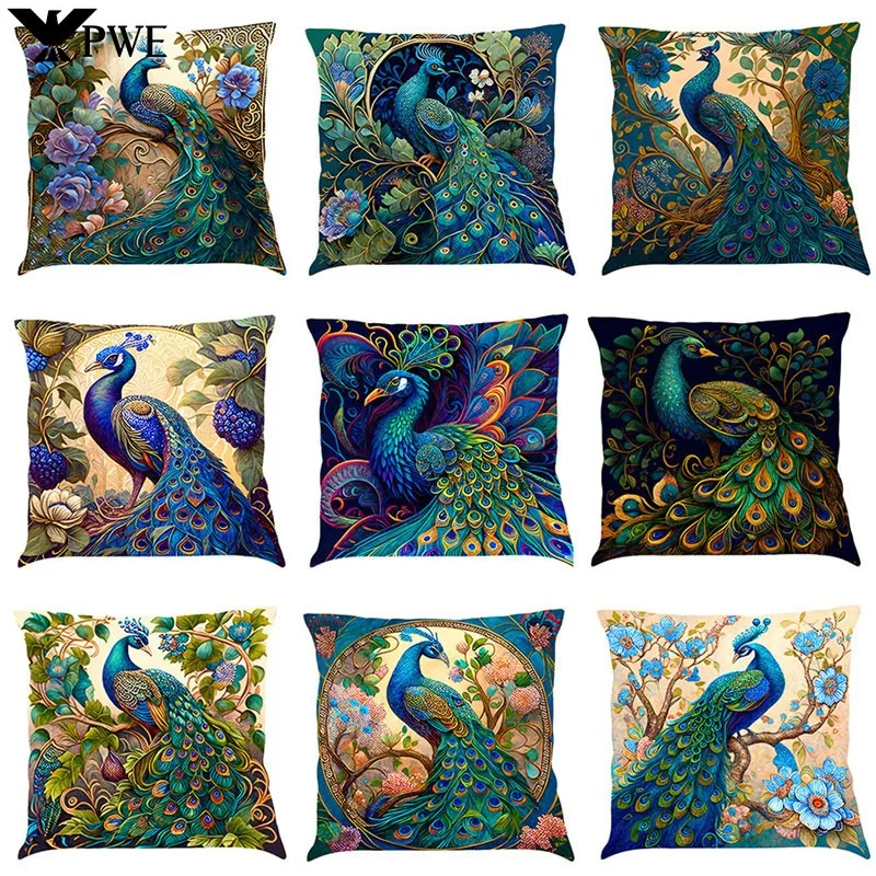 Nordic Style Oil Painting Peacock Cushion Cover 45x45cm Cotton Linen Sofa Throw Pillow Cover Home Decorative Pillowcase