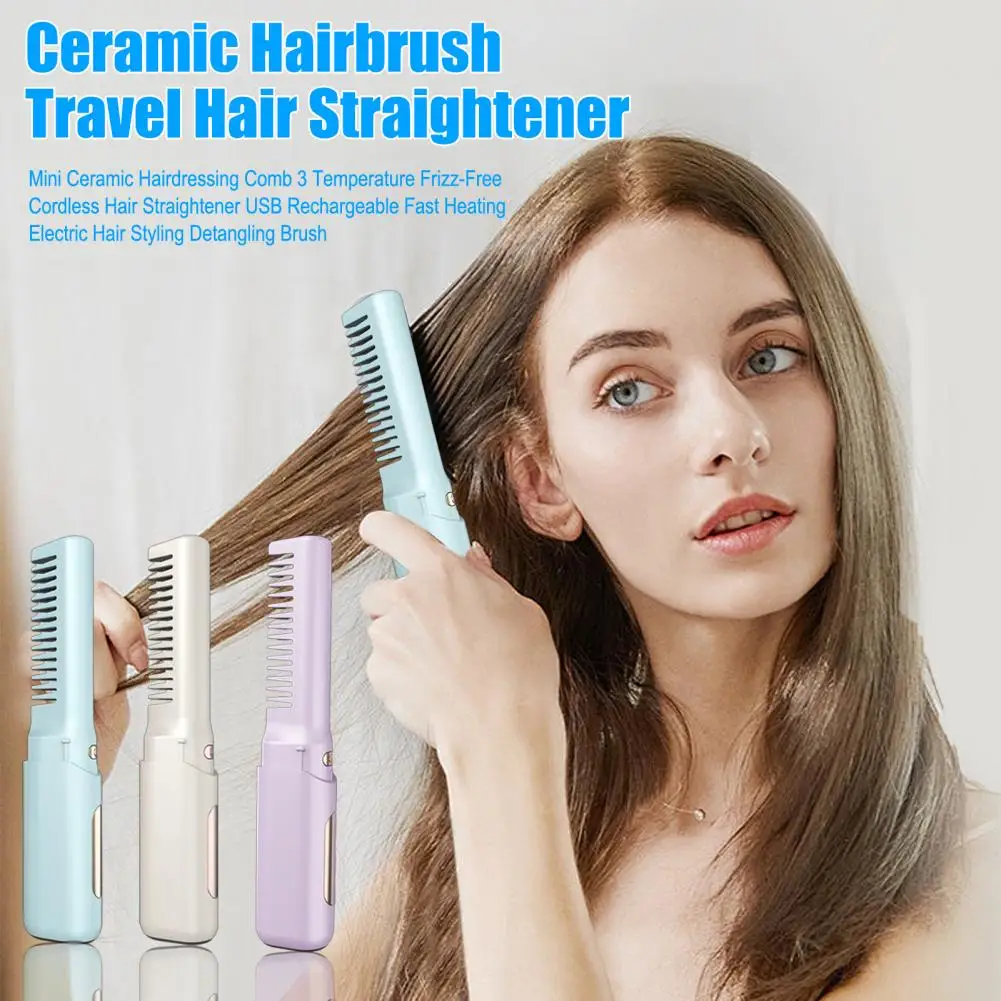 

Миниатюрная керамическая расческа-выпрямитель для волос с 3 температурными режимами, беспроводная, без эффекта пушистости, USB-зарядка, быстрый нагрев, электрический прибор для укладки волос