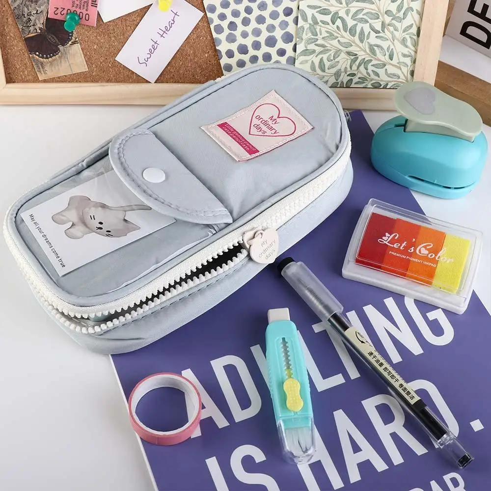 

Creative Cosmetic Pouch Pencil Bag Large Capacity Heart Zipper Pencil Cases Blue Gray Color Stationery Pouch Children