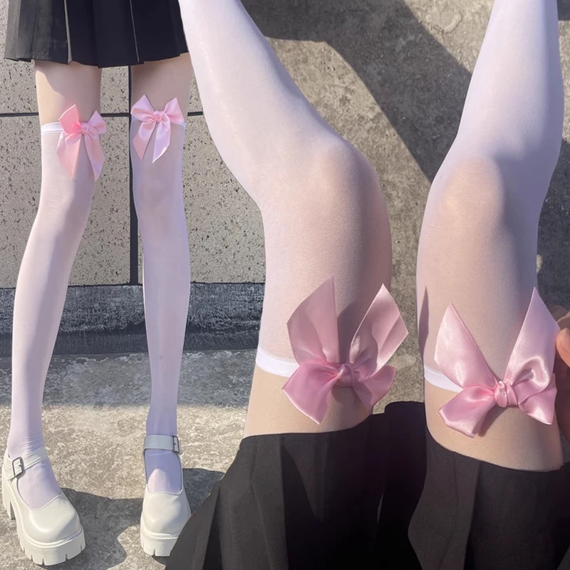 Medias rosas para mujer, calcetines largos sexis con lazo de encaje, calcetines hasta la rodilla de Lolita, medias altas hasta el muslo, medias Kawaii japonesas para chicas dulces