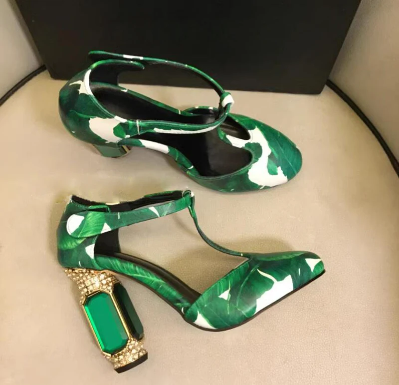 

Luxury Square Green Leafs Rhinestone Chunky Heels Velvet Pumps Ladies Mary Jane Bling Crystal Heels Ankle Buckle Lolita Shoes