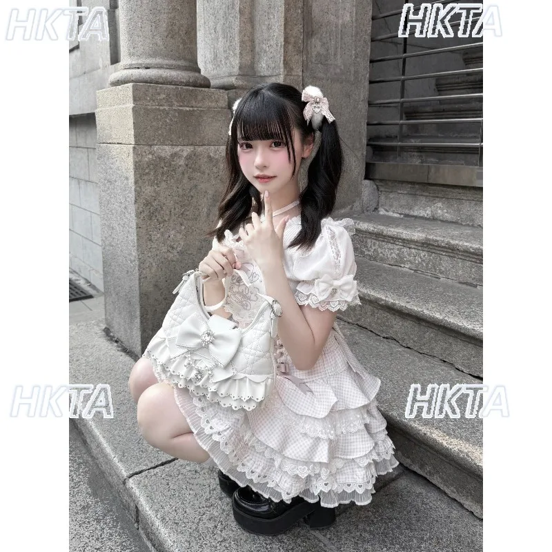 Japanese Fashion Rhombus Shoulder Handbag Princess Hime Skirt Lace Lolita Bag Girls Sweet Bow Pearl Underarm Backpack Women