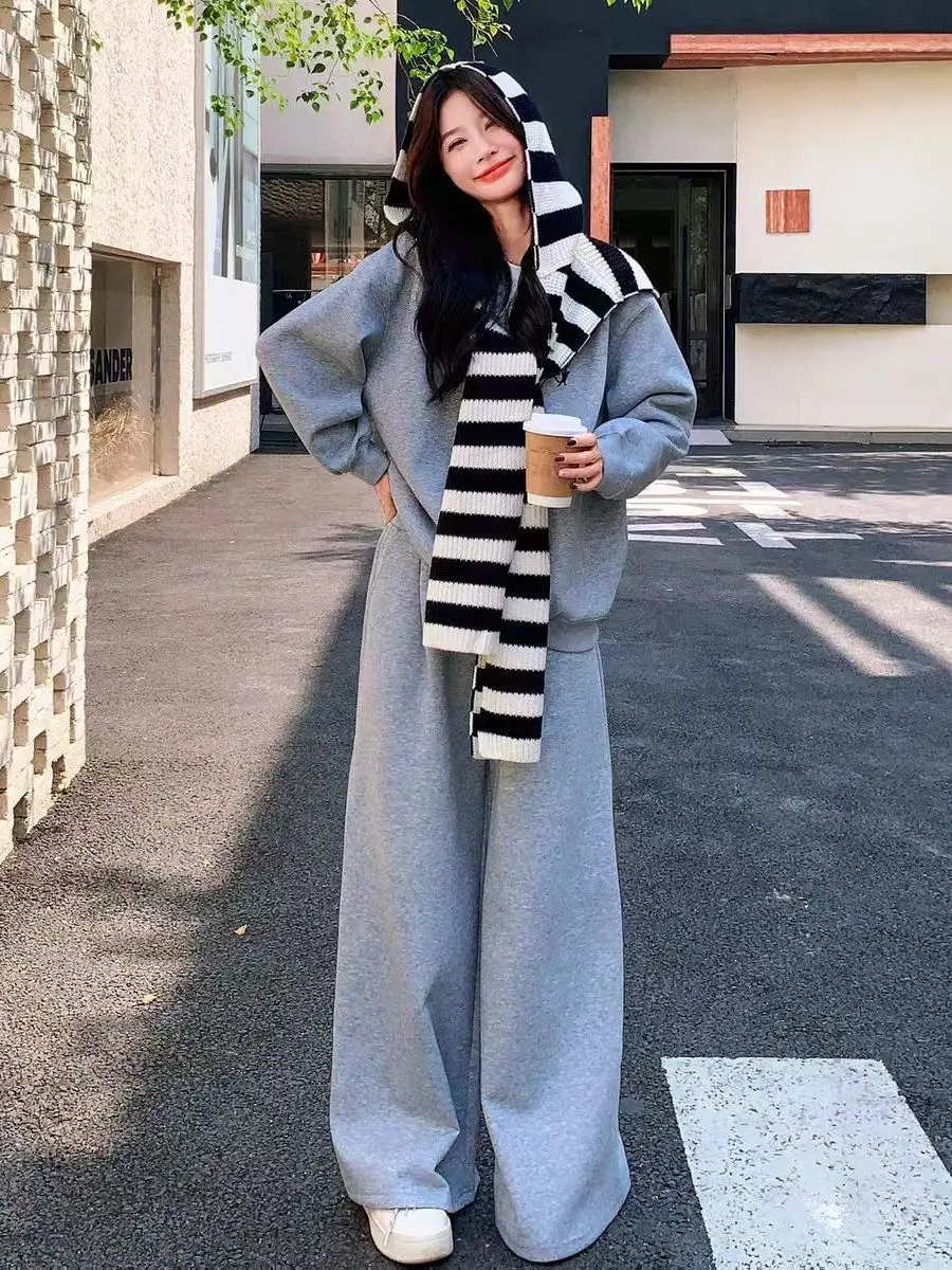 

plus Size Women's Grey Sweatshirt Set Casual Wide Leg Pants Autumn Winter Comfortable Lazy Style plus Size Fashion Outfit
