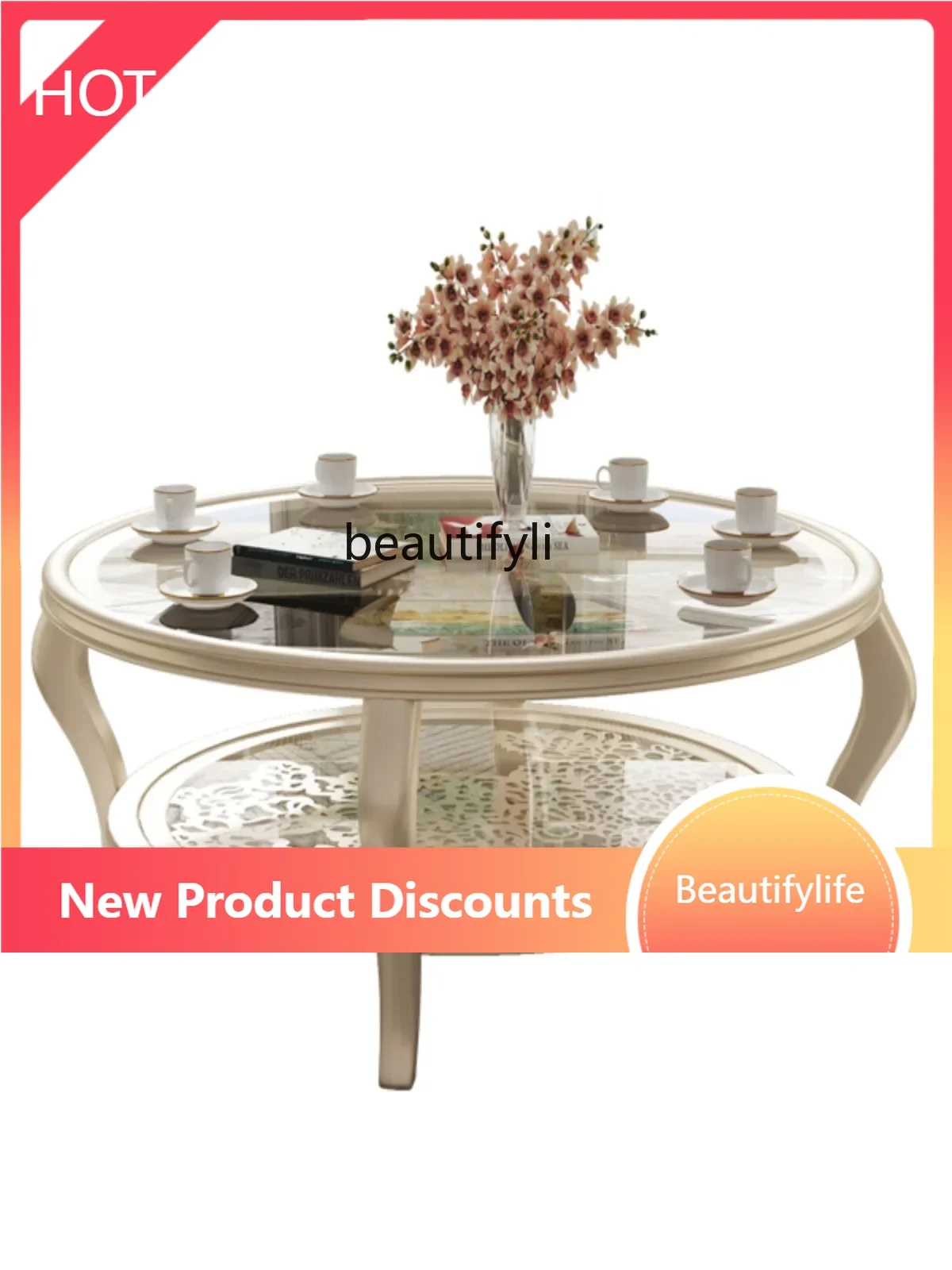 

X188 American Light Luxury Simple Small Apartment Designer Creative Tempered Glass round Solid Wood Coffee Table Sofa Combinatio