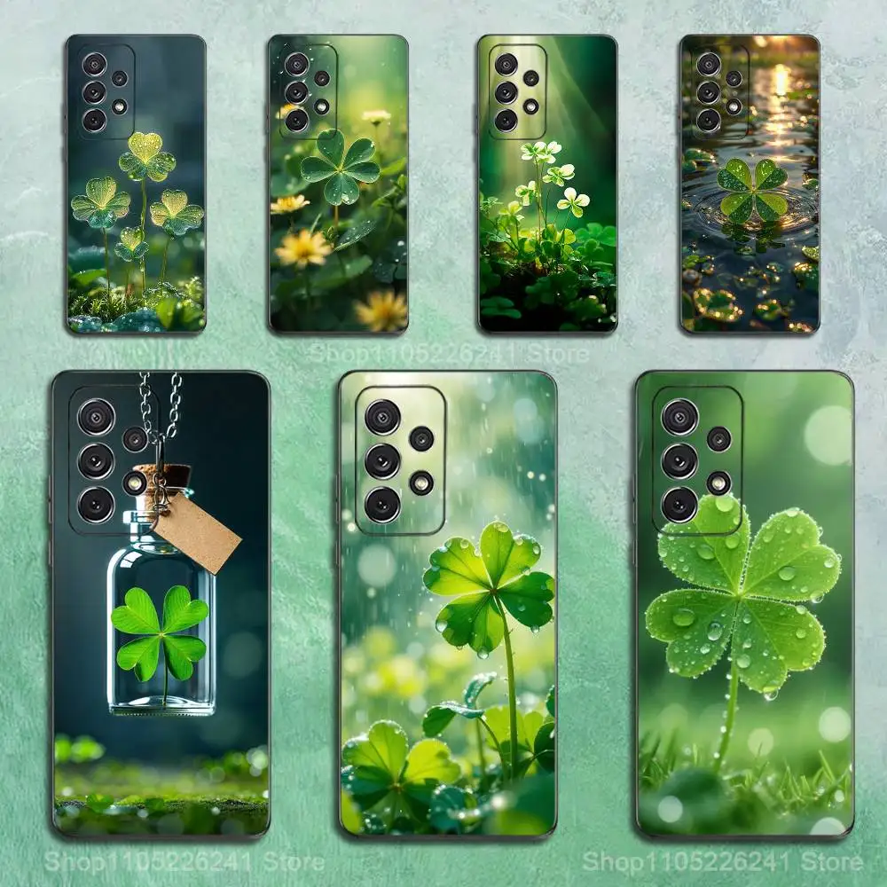 Green Lucky Four Leaf Clover Case For Samsung S23,S25,S20,S10,S9,S21,S24,S22,Ultra,FE,Plus,Lite,Soft Silicone Black
