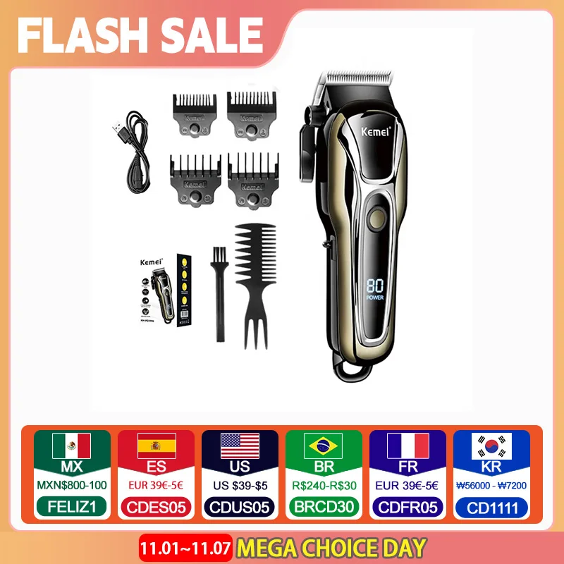 Kemei 1990 Professional Fade Hair Clipper Electric Men Hair Trimmer Machine LCD Display Barber Hair Cutter Magnetic Limit Combs