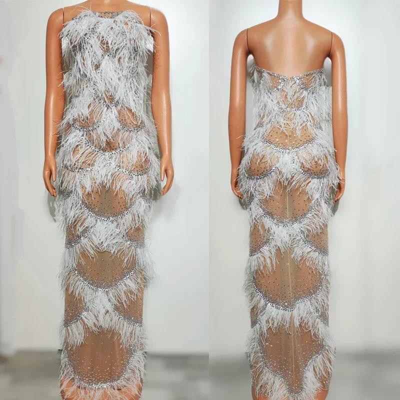Фестивальные наряды с перьями, женское праздничное платье со стразами, праздничные вечерние костюмы, сценическая одежда