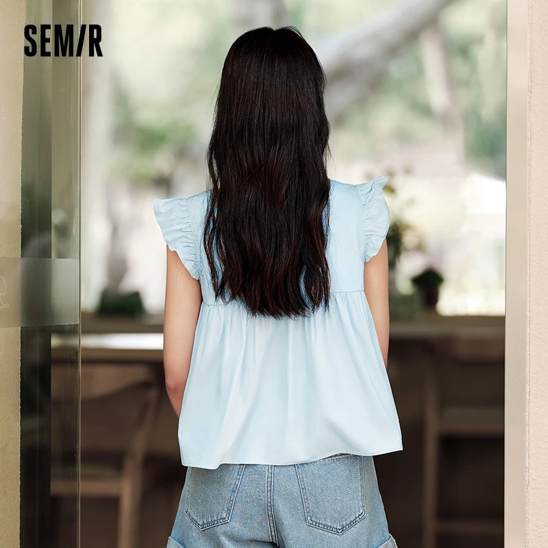 Semir เสื้อเชิ้ตแขนสั้นสำหรับผู้หญิง, เสื้อสตรีผ้าฝ้ายนิ่มปกสี่เหลี่ยมเข้ารูปและสั้นสำหรับฤดูร้อน