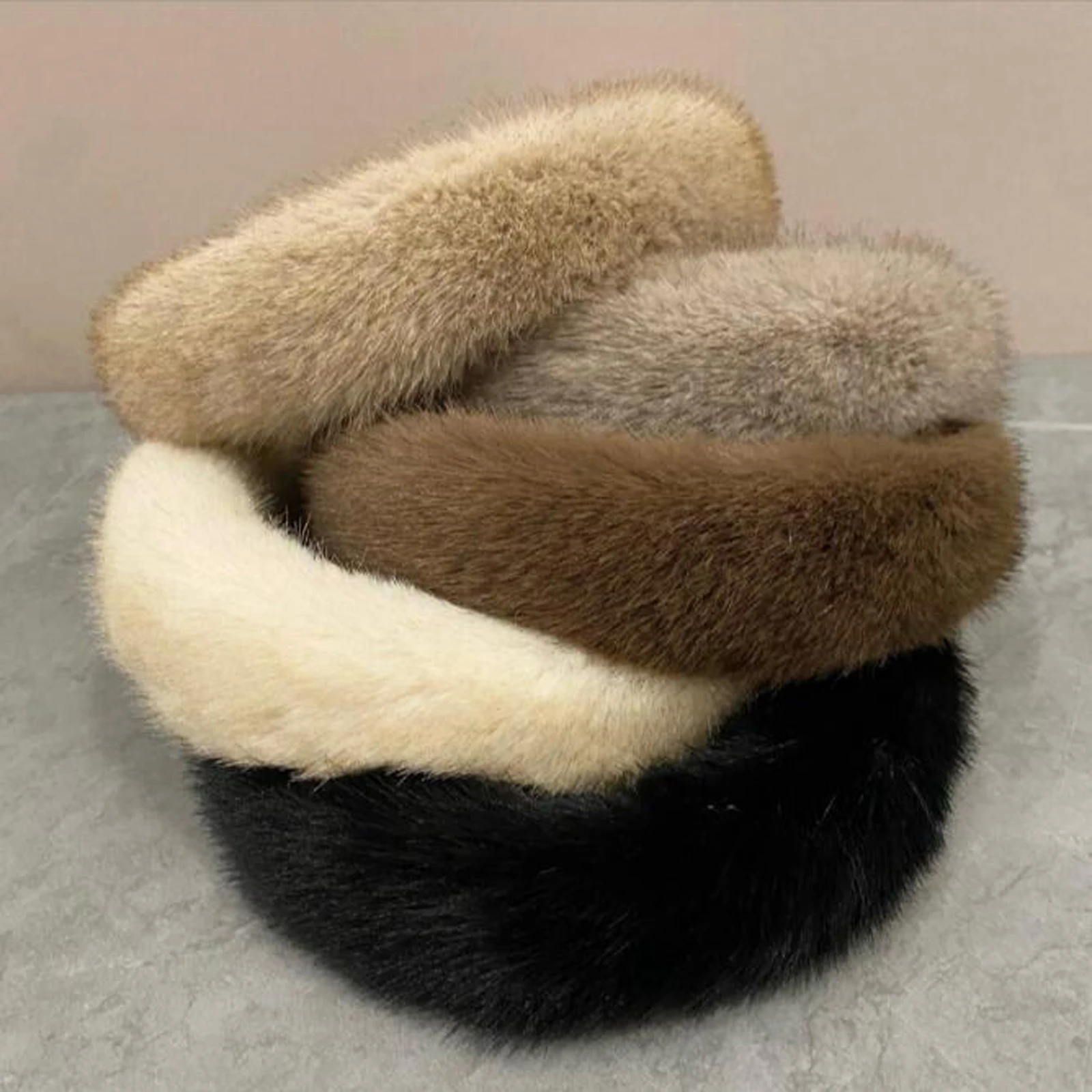 PROLY New Fashion Headband For Women Faux Mink Fur Pompom Hairband Winter Warm Turban Solid Color Classic Hair Accessories