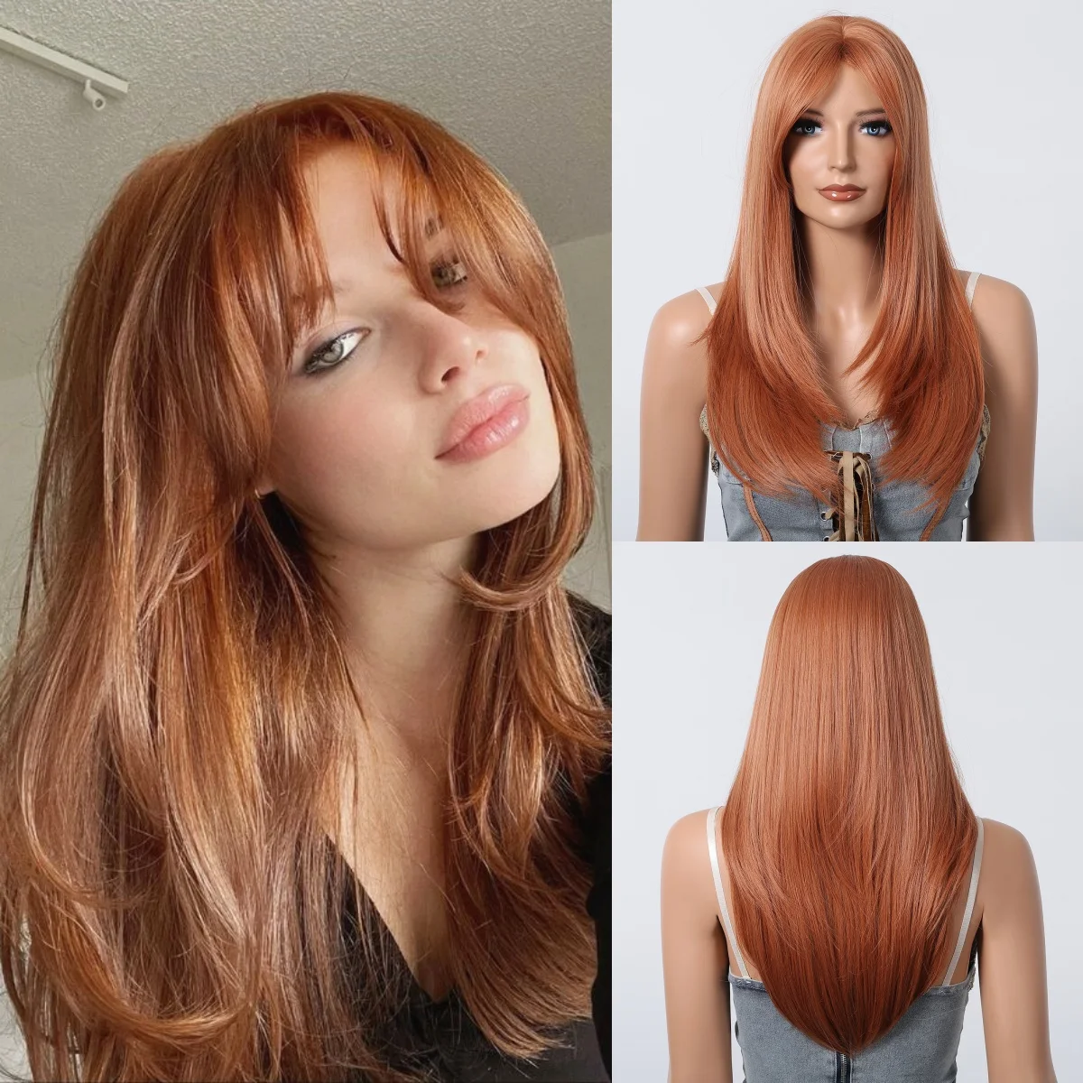 Light Orange Brown Long Straight Synthetic Women's Wigs Side Bangs Layered for Women Natural Daily Heat Resistant Fiber Wigs