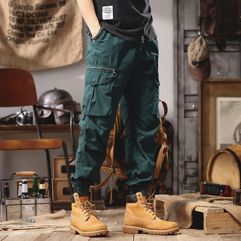 Men's Cotton Loose Casual Pants Fashion Tactical Green Multiple Pockets Elastic Waist Joggers Cargo Pants