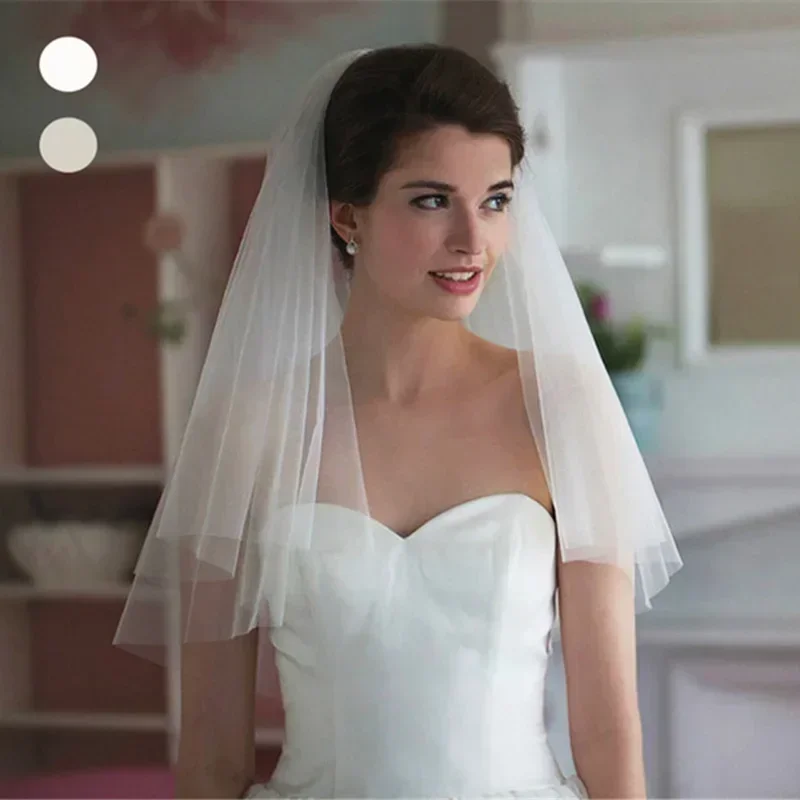 

2 Tiers Bride Wedding Veil White Fingertip Length Bridal Tulle Hair Accessories with Flower Lace Edge and Comb