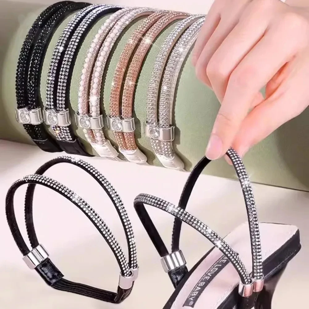 1 par de zapatos de tacón alto con diamantes de imitación, banda antisuelta para mujer, cordones de diamantes, correas de tacón anticaída, cinturón, cinturones fijos elásticos
