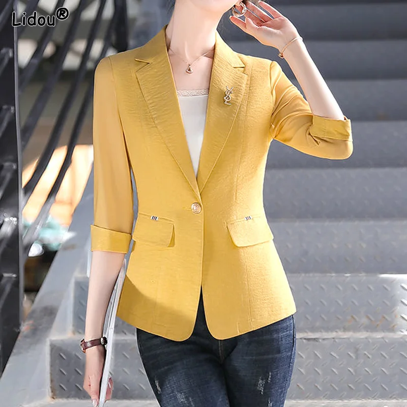 Thin Spring Summer Office Lady Fashion Notched Business Casual Pocket Solid Skinny Simple Three Quarter Sleeve Women\'s Clothing