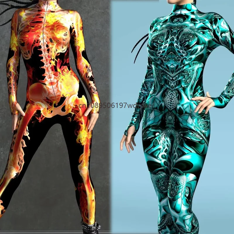 

Adult niño Cool Armor Cyber ​​Female Cosplay Punk Skeleton Print Jumpsuit Costume Holiday Party Stage Performance Stretch Tights