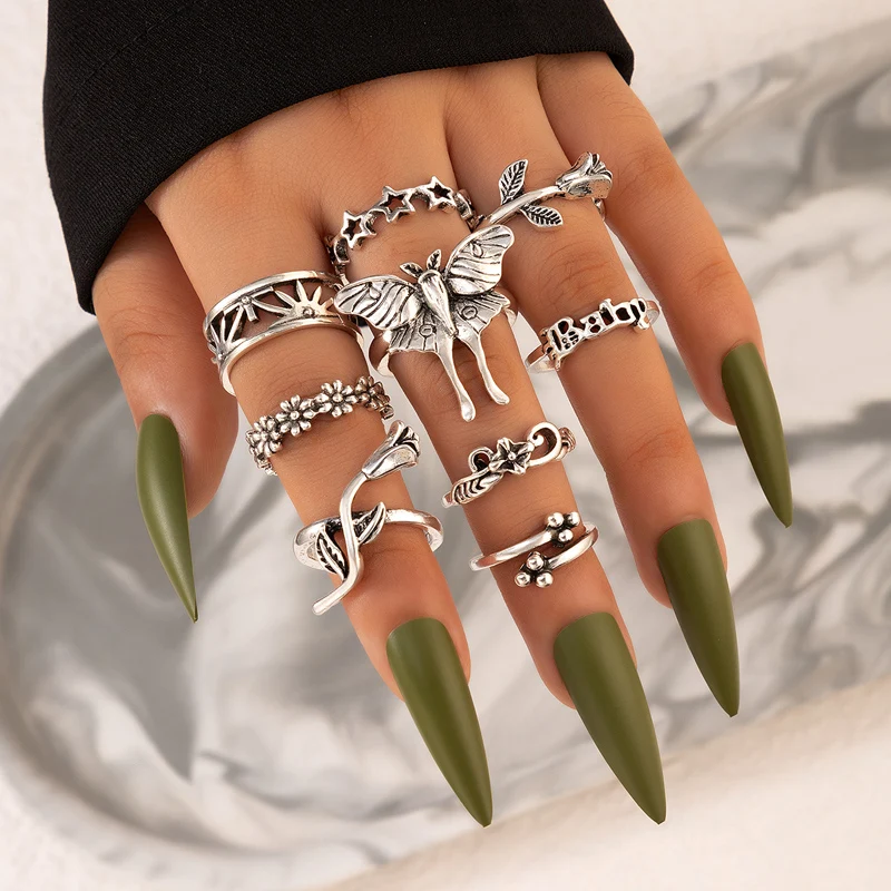 docona New Design Butterfly Ring Sets for Women Vintage Pretty Flowers Hollow Geoemtry Wedding Ring Jewelry Anillo 9pcs  22639