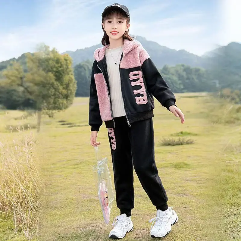 2025 Autumn winter girls tracksuit Toddler Teenager Clothes letter velvet jacket hoodie + Pant Children Kids 5 8 9 10 11 12 year