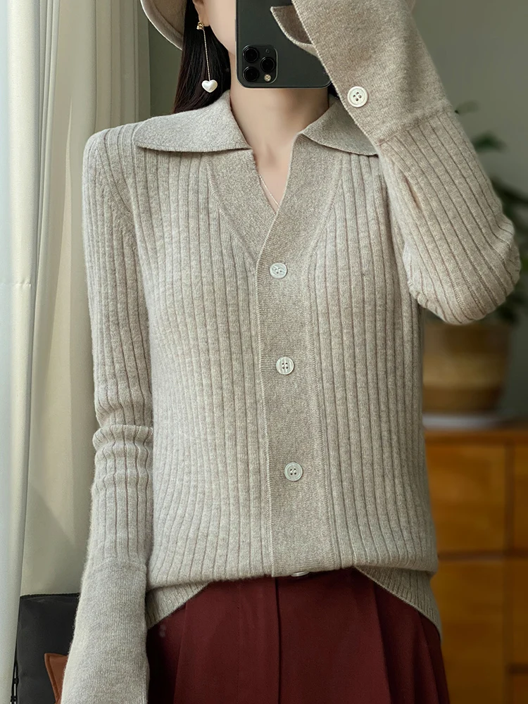 100% Merino Wool Cardigan New Fashion Long Sleeve POLO Collar Pure Color Women Sweater Tops Jerseys Spring Autumn Warm Knitwears