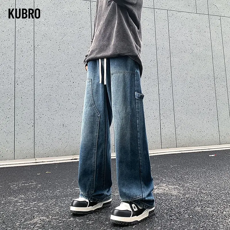 

Новые осенние и зимние свободные прямые джинсы в гонконгском стиле для мужчин, универсальные разноцветные эластичные моющиеся брюки длиной до пола