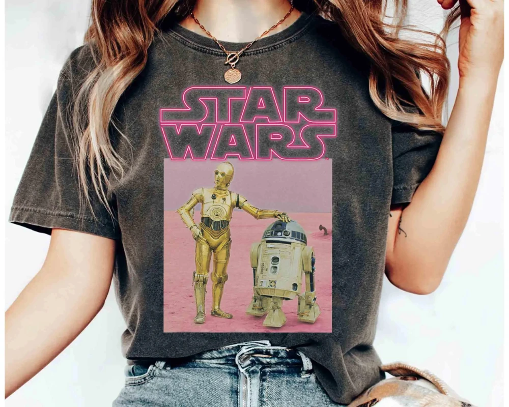 Divertido star wars robô R2-D2 C-3PO rosa néon título retrato camiseta toda a temporada puro algodão unisex casal camada base camisa