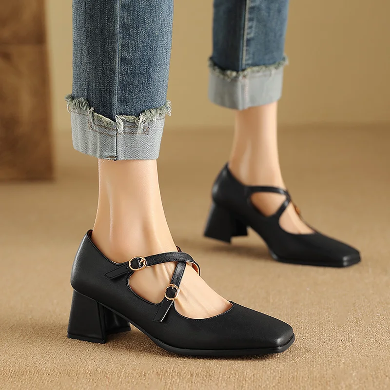 Spring Square Toe Mary Jane Shoes Fashion Women Block High Heels Casaul Silver Gold Cross Buckle Shallow Wedding Pumps Shoes 47