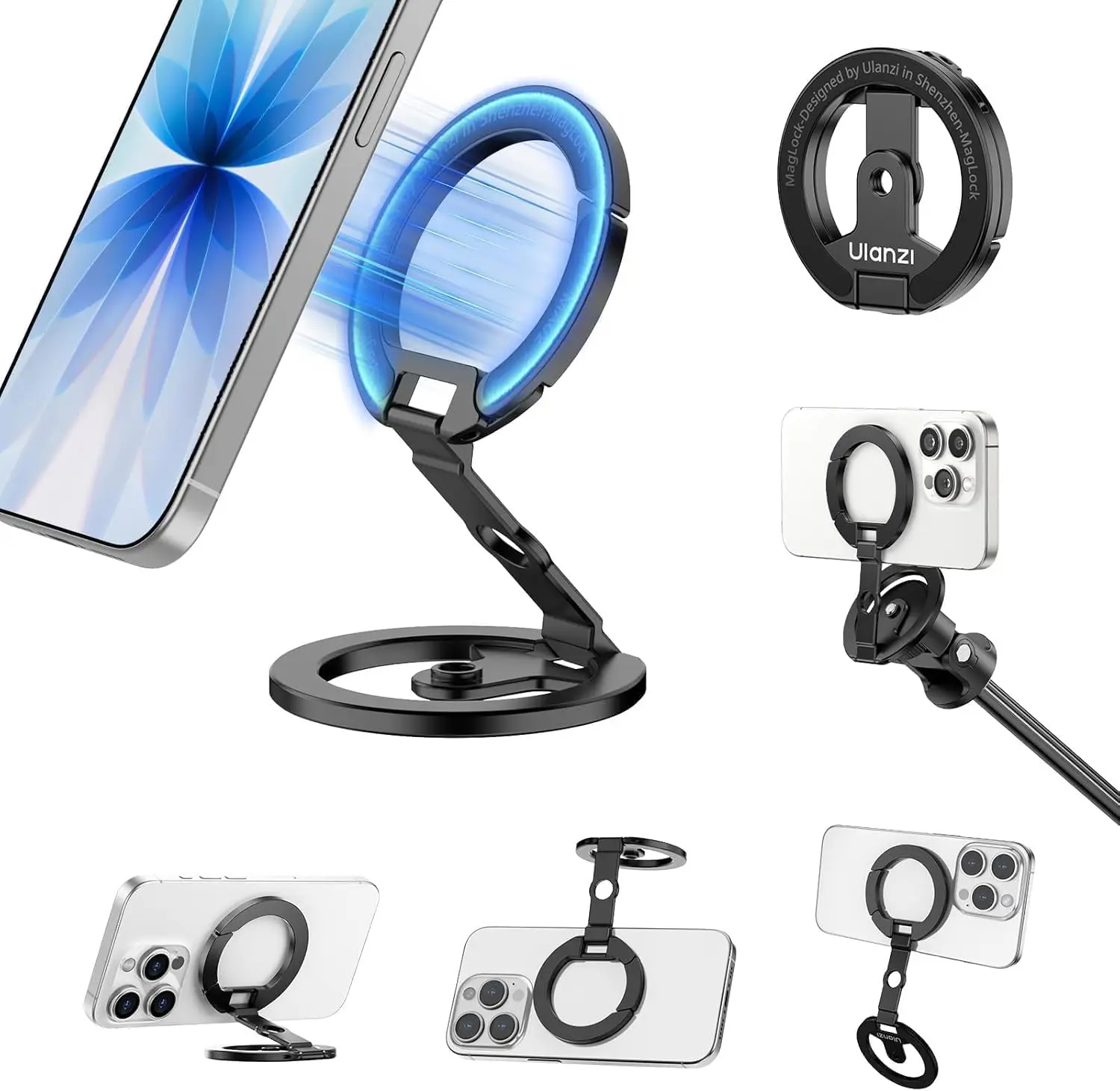 

Magnetic Phone Grip Stand for iPhone 12-17 Series, Foldable Tripod with 1/4" Screw for Live Streaming and Vlogging