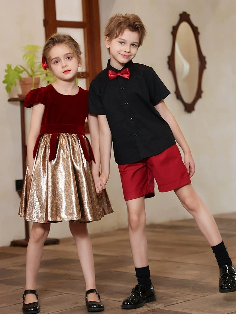 

Teenager Girls Golden Evening Dresses Twins Brother Sister Boys Host Shirt Shorts Bowtie Wedding Suit Children Performance Wear
