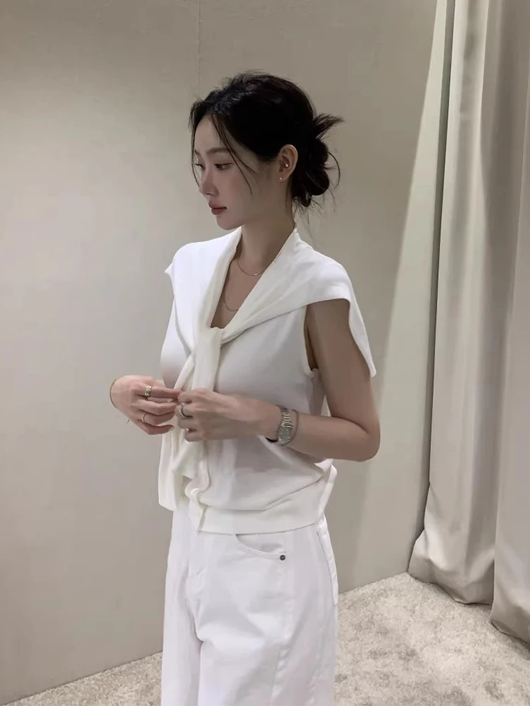 Slim Fit Knitted Vest Women's Faion Set Pure Color Summer New Sle Retro Personali Aesthetic oulder awl Two Piece Set