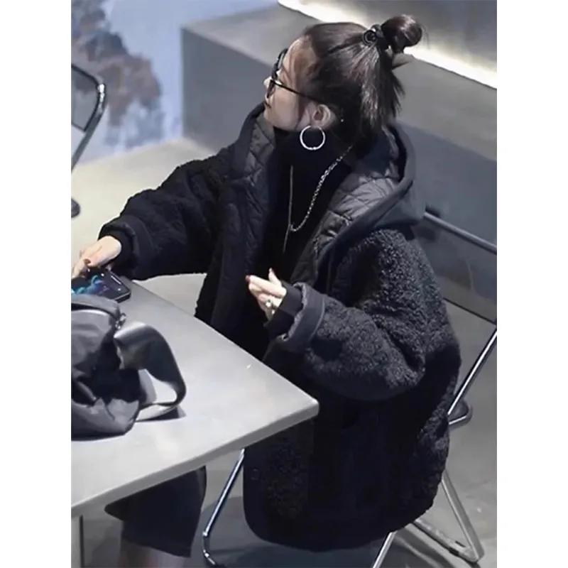 

Черное пальто для женщин осенью и зимой, новинка 2025, парка из овечьей шерсти, высококачественный топ