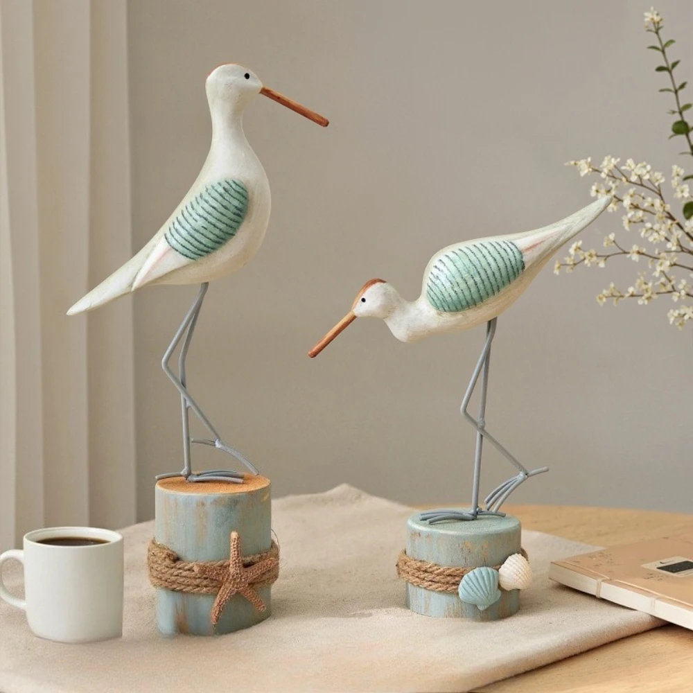 2pcs/set Long Leg Seagull Statue Home Decoration Wooden Seagull Figurines Coastal Nautical Bird Sculptures Seabird Ornaments