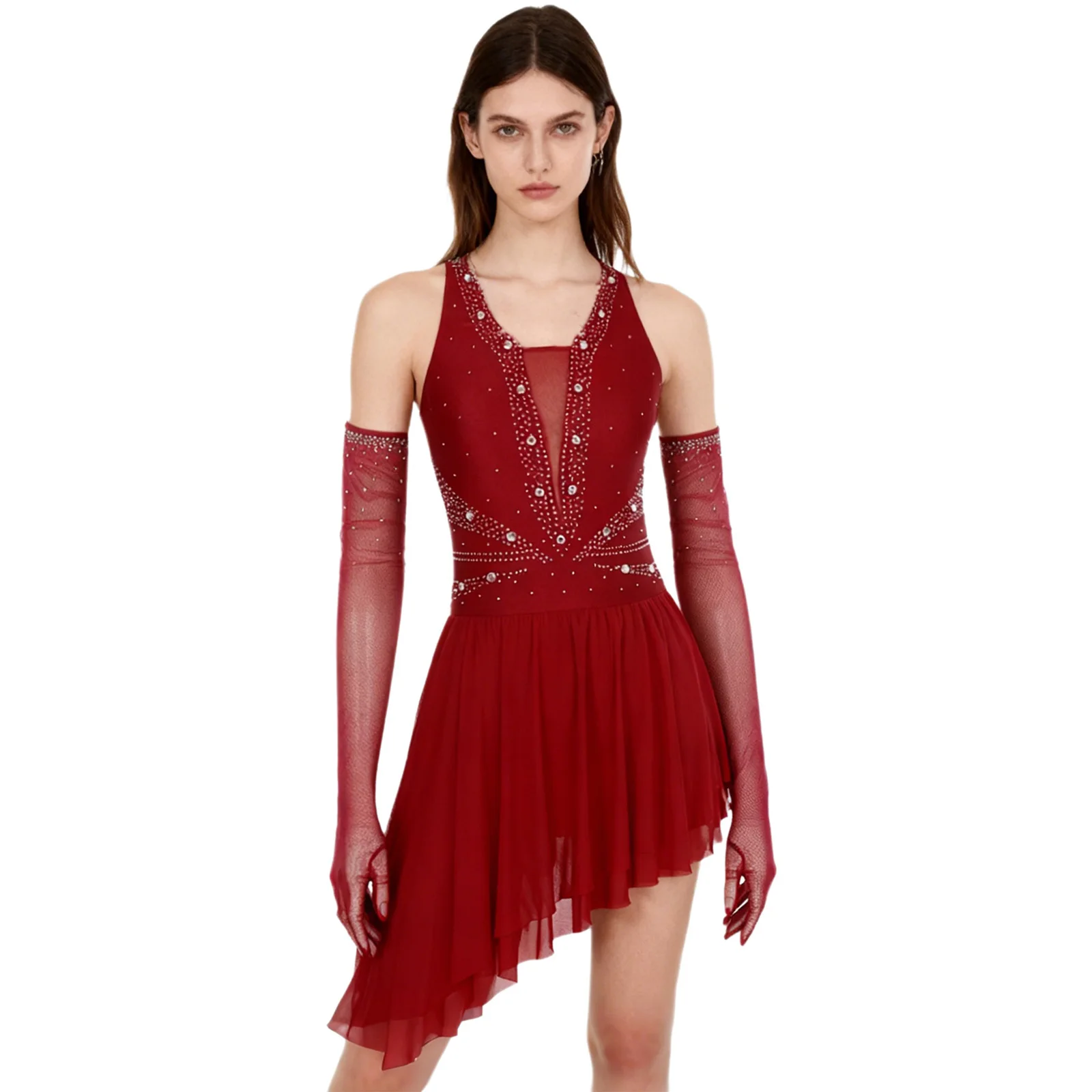 

Women Jazz Latin Tango Dance Costume Glittery Sequin Mesh Splice Fringe Dance Leotard Dress+Gloves Set Rumba Cha-Cha Samba Dress