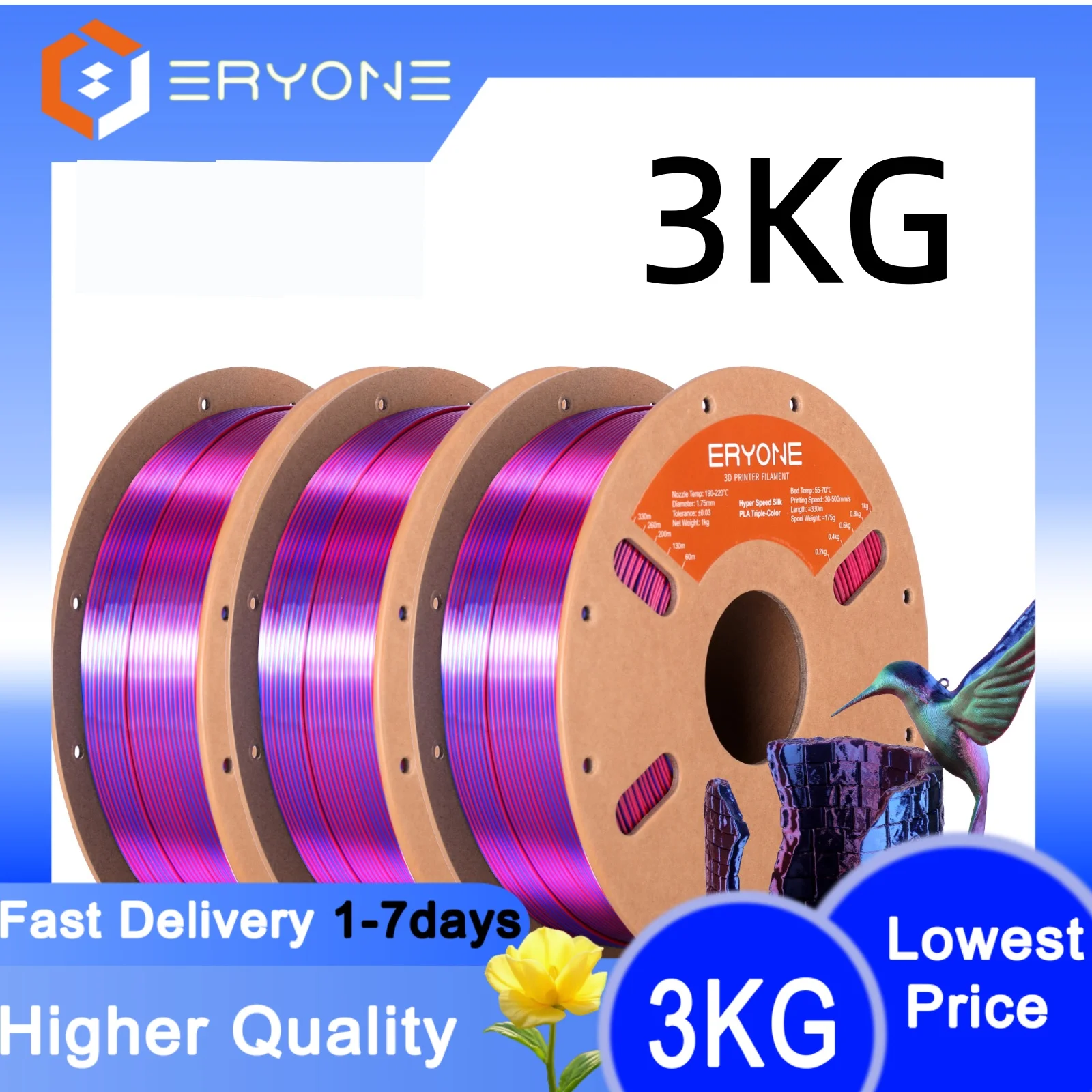 

3KG ERYONE 3KG HS Silk Tri Color PLA Filament 3D Printer Hyper Speed Coextrusion Filament PLA Shiny , HS Silk Tricolor 3KG