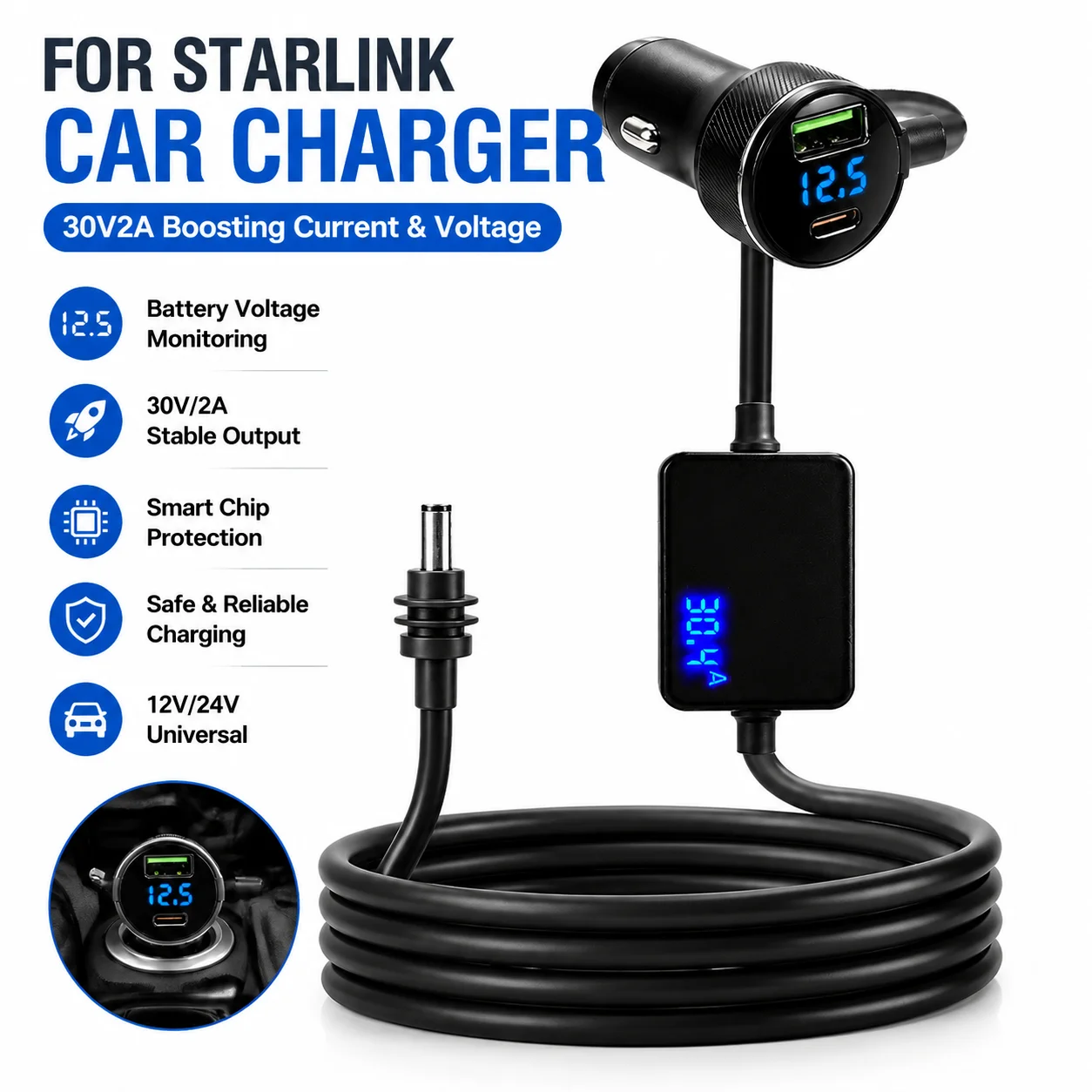 Carregador de Carro para Starlink Mini 12V-24V para 30V 2A Conversor Step Up com Adaptador de Energia Digital QC3.0+PD Acessórios Automotivos