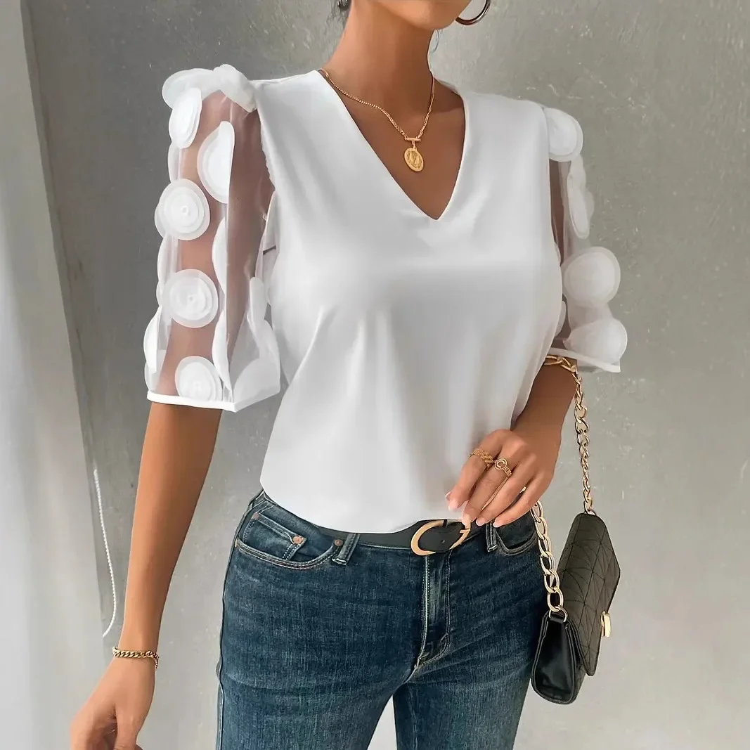 2025년 신모델, 여름 출퇴근용 단색 심플 V넥 레이스 스플라이싱 반팔 셔츠 여성용