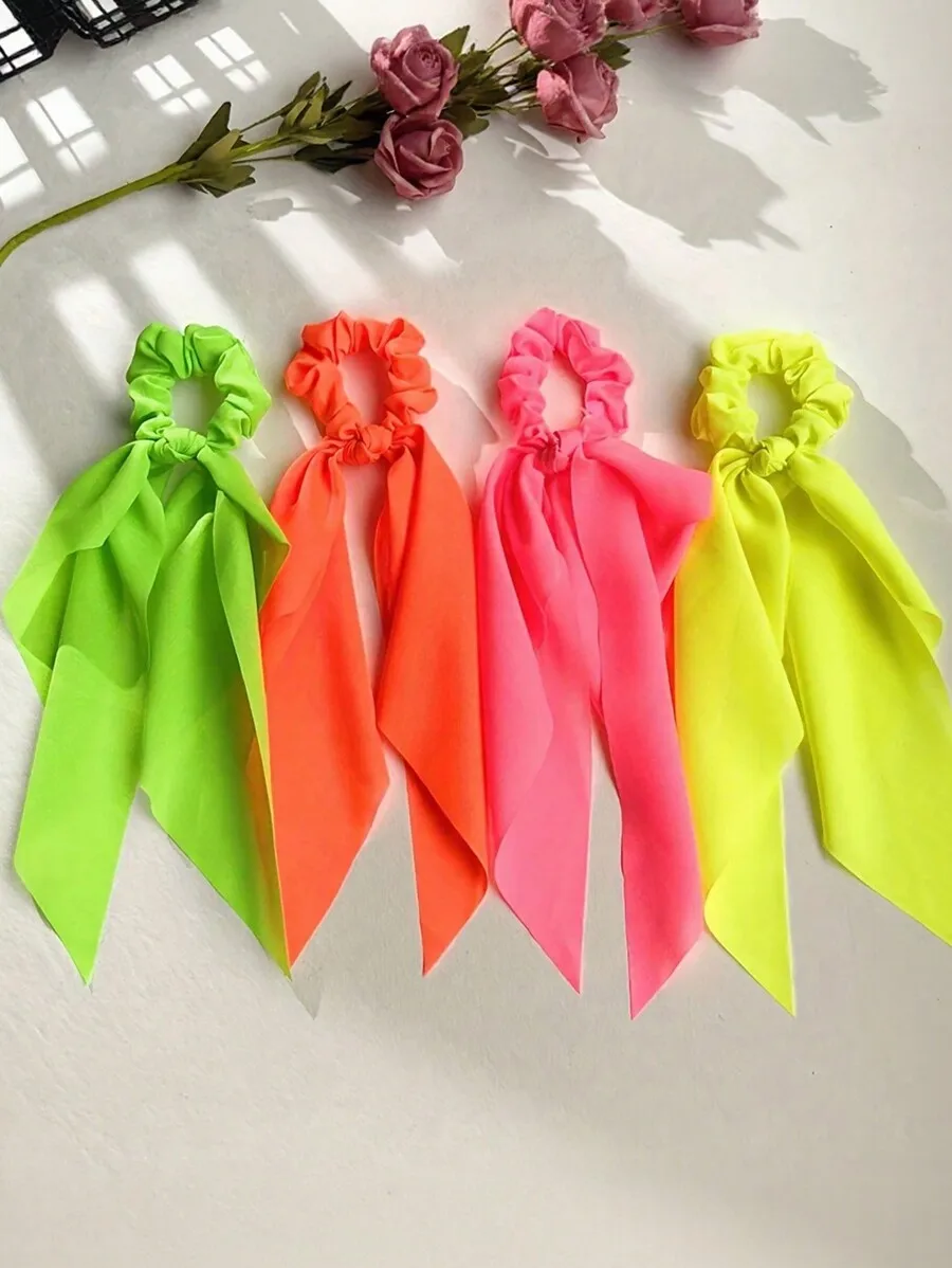 

4pcs Neon Fabric Hair Scrunchies Set - Large Solid Color Elastic Hair Ties For Ponytail Bun