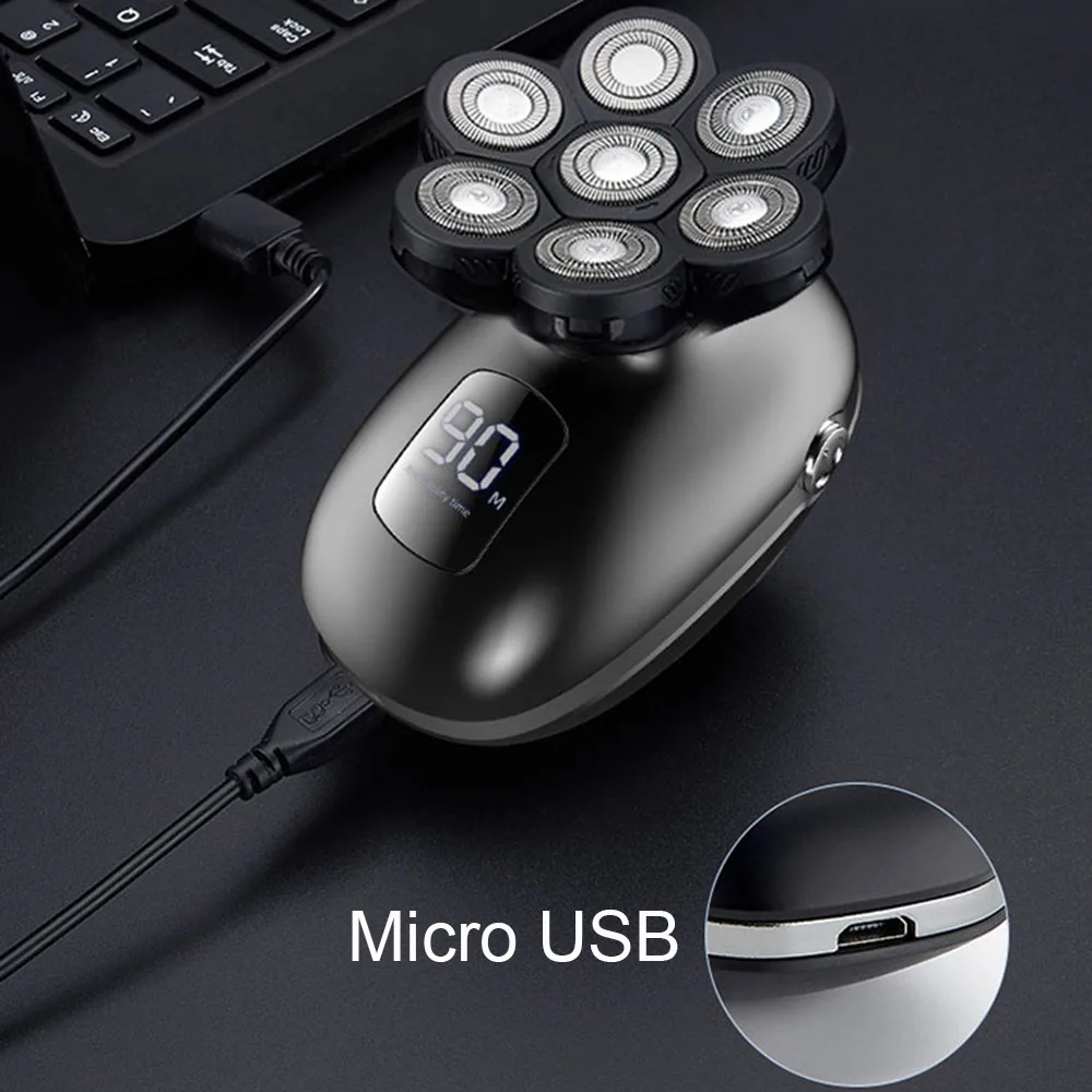 男性用7ヘッド電気シェーバー,コードレスusbシェーバー,あごひげと鼻の毛のクリーニングブラシ付きロータリーキット