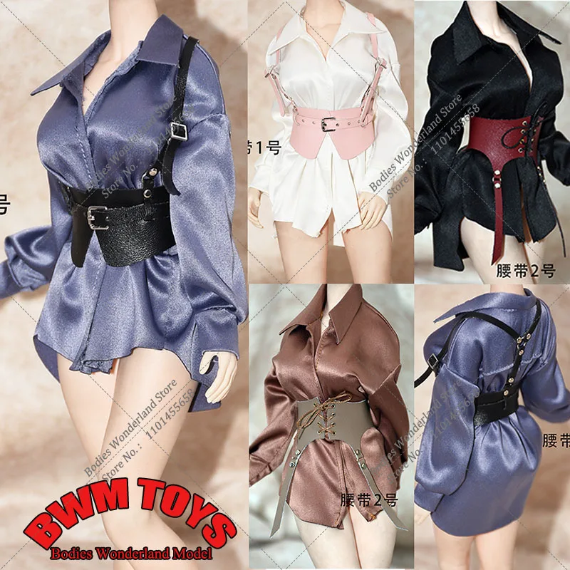 Solid Color 1/6 Women's Non-staining V-neck Lapel Satin Shirt Dress Waist Belt Model For 12'' S52 S42 UD Action Figures Body