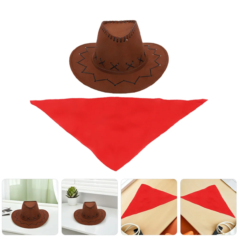 

1Set Western Cowboy Costume Kit Includes Cowgirl Hat Triangle Bandana Carnival Party Dress Up Halloween Props Western Hats