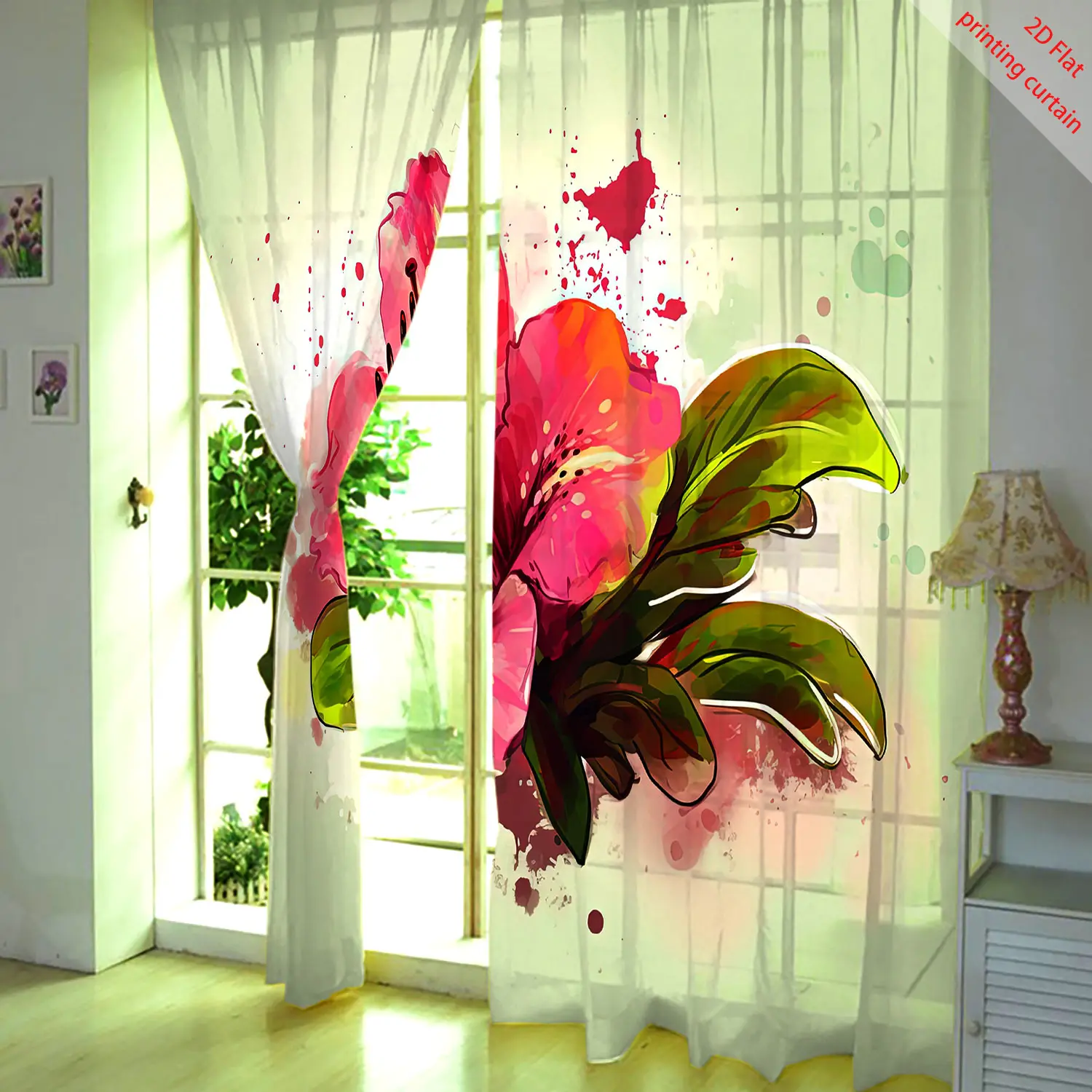 

Green background printed transparent screen curtain, floral aesthetic window decoration, suitable for home, office, dormitory