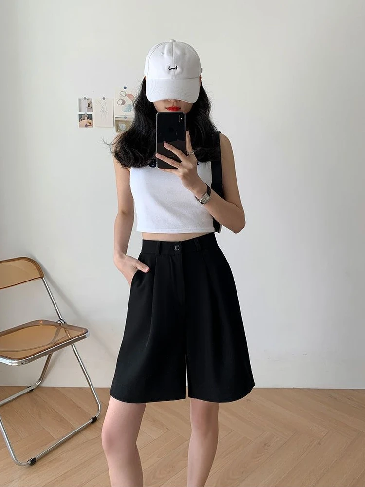 Black Suit Short Pants Women's Summer New plus Size Ultra Large Size Slim Wide Leg Five Parts Loose Casual A-Line Pants
