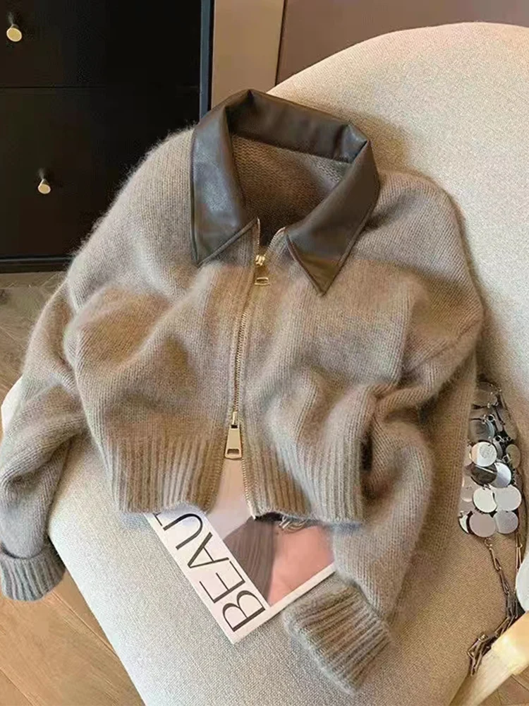 

Ladies' Lazy ort Knitted Sweater with Leather Collar Soft Cozy Autumn Winter Faion Design Casual Comfortable Warm Outerwear