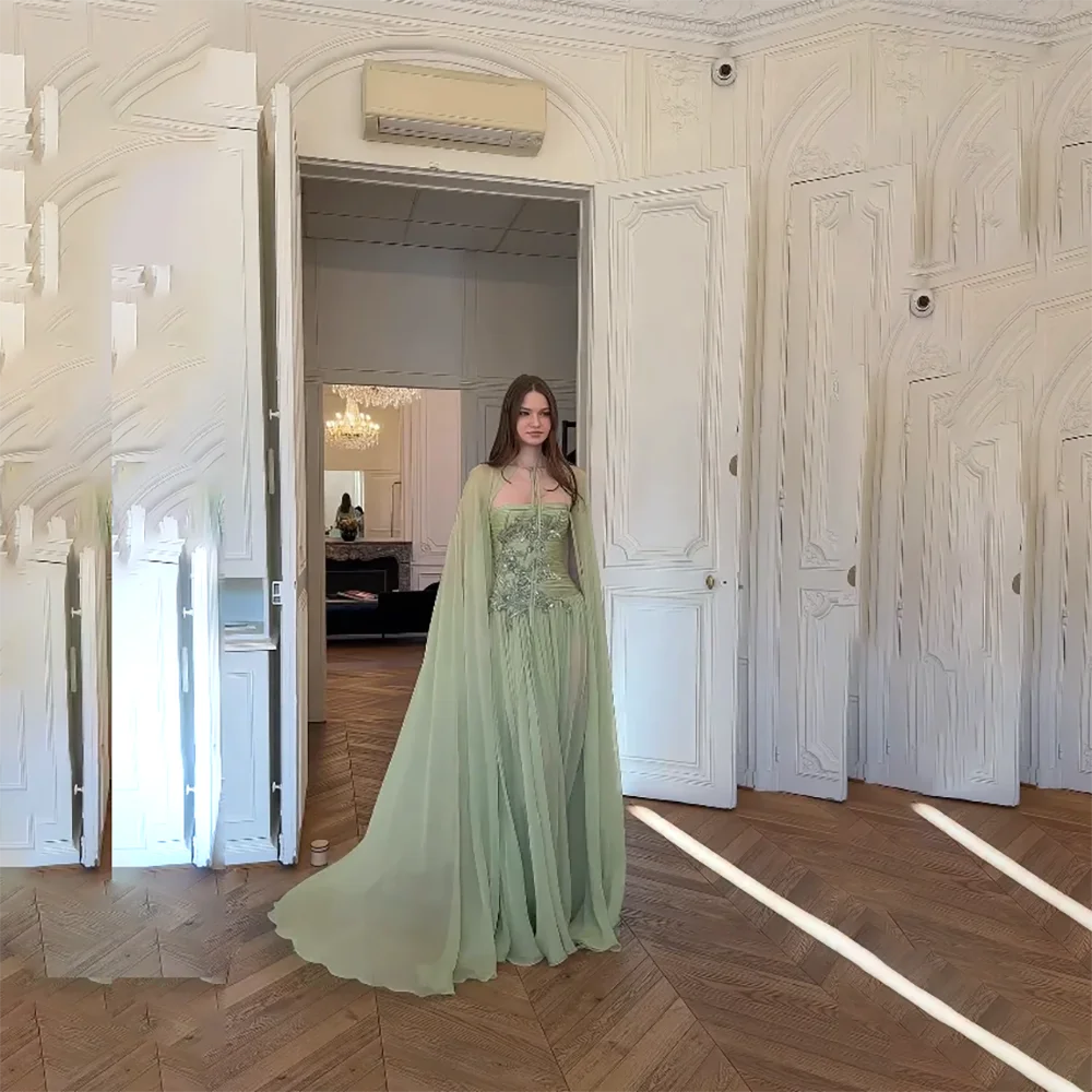 Luxuriöse Ballkleider aus Kristall mit abnehmbarem Schal, Chiffon, A-Linie, bodenlanges Abendkleid, maßgeschneidertes Geburtstagspartykleid