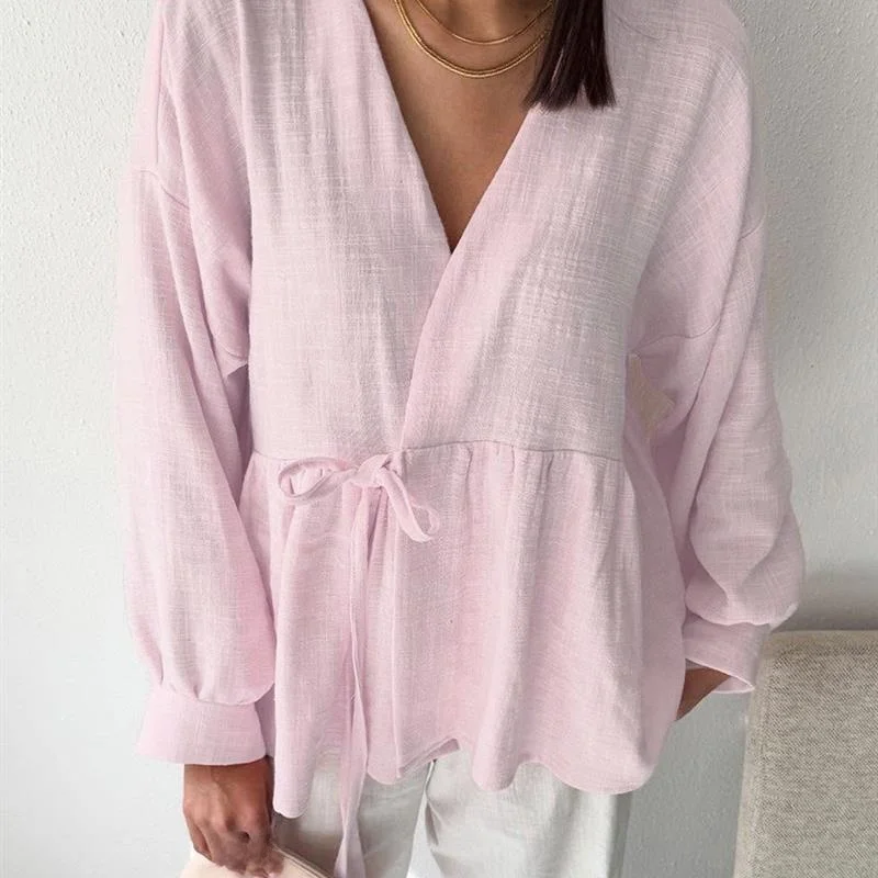 Ele Long Sve irt Avvolgente con lacci Slim Fit da donna irt Pure Color irt Sli Temperamento Longsved irt