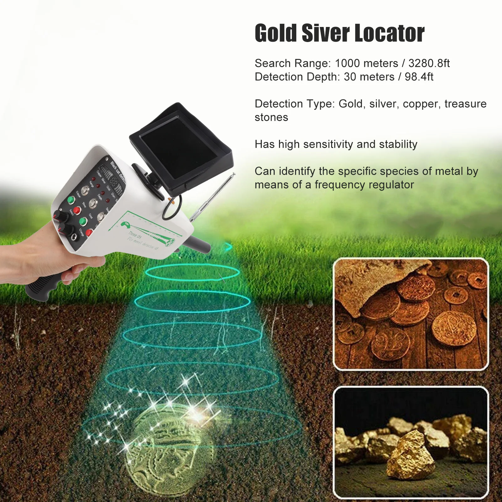 30m Depth Metal Locator 1000m Range Underground Metal Detection Finder with Display for Gold Treasures White